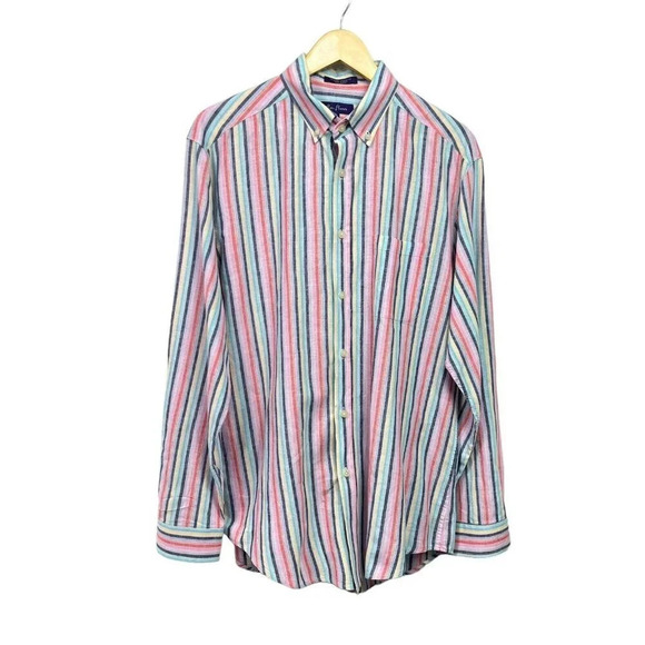 Alan Flusser Shirt Men's Size L Striped Linen Blend Button Down Rainbow - Picture 1 of 4